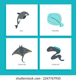 set of undersea animals flat vector, flounder, manta ray, moray eel, orca, 
