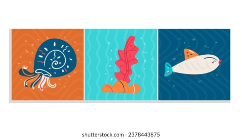 Set of  Undersea animals and plants, vector illustration,simple childish design