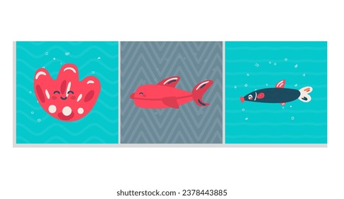 Set of  Undersea animals and plants, vector illustration,simple childish design