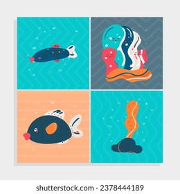 Set of  Undersea animals and plants, vector illustration,simple childish design