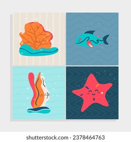 Set of  Undersea animals and plants, vector illustration,simple childish design