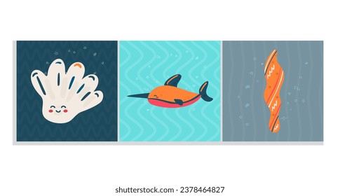 Conjunto de animales y plantas submarinos, ilustración vectorial,diseño infantil simple
