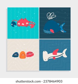 Set of  Undersea animals and plants, vector illustration,simple childish design