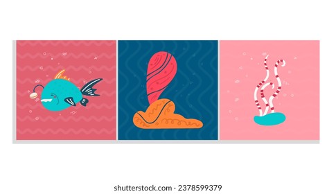 Set of  Undersea animals and plants, vector illustration,simple childish design