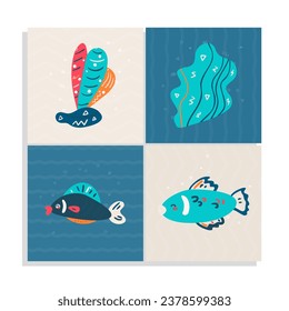 Set of  Undersea animals and plants, vector illustration,simple childish design