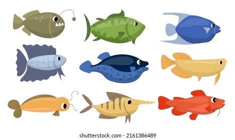 conjunto de peces submarinos de diversos tipos y colores, dibujando en caricatura el carácter aislado con fondo, ilustración vectorial