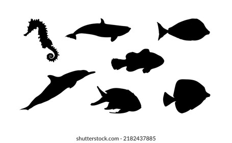 set of undersea silhouette illustrations
