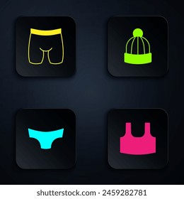 Set Undershirt, Cycling shorts, Men underpants and Winter hat. Black square button. Vector