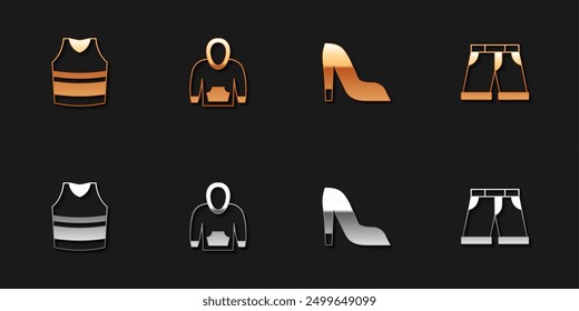 Set Undershirt, Hoodie, Woman shoe and Short or pants icon. Vector