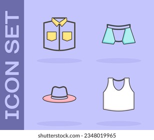 Set Undershirt, Shirt, Man hat and Men underpants icon. Vector