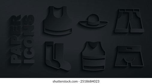 Conjunto Camiseta, corto o pantalones, calcetines, calzoncillos de hombre, sombrero de mujer elegante e icono de crop top femenino. Vector