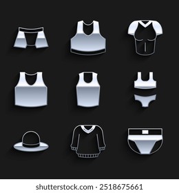 Conjunto Camiseta, suéter, calzoncillos de los hombres, traje de baño, sombrero de hombre, camiseta e icono. Vector