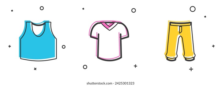 Set Undershirt, T-shirt and Pants icon. Vector