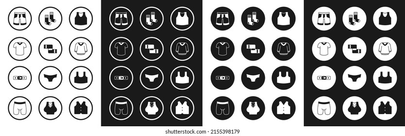 Set Undershirt, Winter scarf, T-shirt, Short or pants, Sweater, Socks,  and Belt icon. Vector