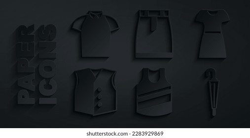 Set Undershirt, Woman dress, Waistcoat, Umbrella, Skirt and Polo icon. Vector