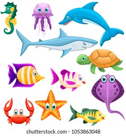 Set of underwater animals. Dolphin, shark, turtle, crab,star, jellyfish,seahorse,fishes. Sea and ocean fauna. Vector illustration.