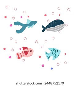 Set of underwater animals, fishes  with bubbles on a white background