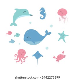 Set of underwater animals in flat kawaii style. Whale, dolphin, seahorse, stingray, starfish, school of fish, jellyfish, octopus, crab. Vector sea animals isolated on white backgroundeps 10.