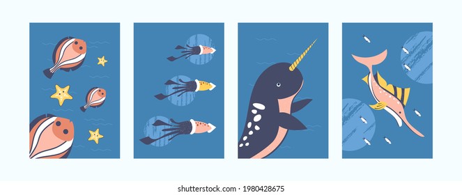 Set of underwater animals illustrations in pastel style. illustration set in gentle colors. Cute narwhal, swordfish, squid on blue background. Marine life concept for banners, website design