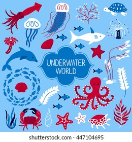 Set of underwater animals. Jellyfish, shark, octopus, tortoise, cuttlefish, dolphin, seaweed, crab, starfish, polyp, shell and school of fish. Hand drawn design