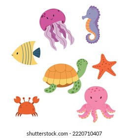 Set Of Underwater Animals Octopus, Jellyfish, Turtle, Starfish, Crab With Sea Horse And Angel Fish Childish Marine Fauna Creatures Isolated On White Background. Cartoon Vector Illustration