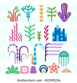 Set of underwater animals and plants coral reef. Cartoon flat vector illustration. Objects isolated on a white background.