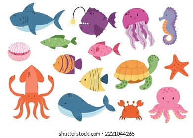 Set von Unterwassertieren Haifisch, Tintenfisch, Seeteufel, Quallen und Muschel. Schildkröten, Starfish, Krebse, Wale und Kalmare mit Meerpferd und Angelfischen Zeichen. Cartoon-Vektorgrafik