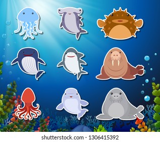 Set of underwater animals sticker illustration