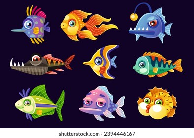 Set of underwater animals. Stickers with fish and fabulous ocean creatures. Goldfish, monkfish, fugu. Funny inhabitants of sea or aquarium. Cartoon flat vector collection isolated on black background