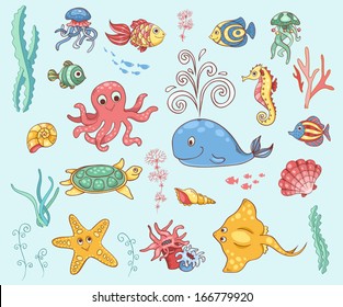 Set of underwater animals. Vector cartoon illustration.