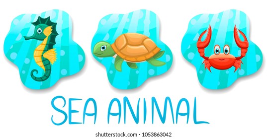 Set of underwater animals.Seahorse,turtle and crab on blue water background. Sea and ocean fauna. Vector illustration