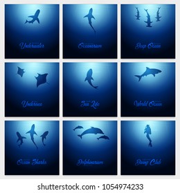 Set of Underwater backgrounds with sun rays and silhouette of fishs. Deep Ocean banner. Color vector illustration