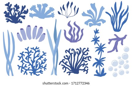 Set underwater blue color corals  Reef nature marine elements  Aquatic vector illustration