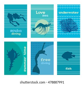 Set of underwater cards templates with sea background. Vector illustration with silhouette of scuba divers, coral, shrimp, seashell, freediver and fish.