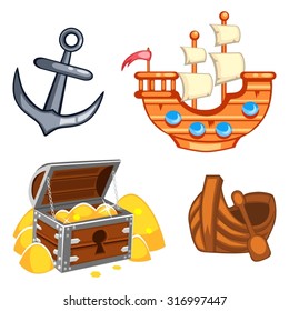 Set of underwater cartoon vector items: a ship, an anchor, a chest with gold, a boat