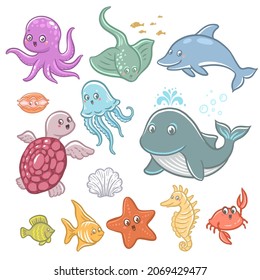 A set of underwater characters- vector hand drawn illustrations with ocean theme