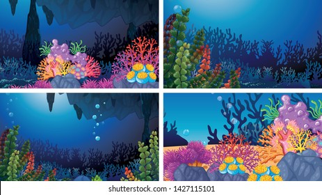 Set of underwater coral scenes illustration