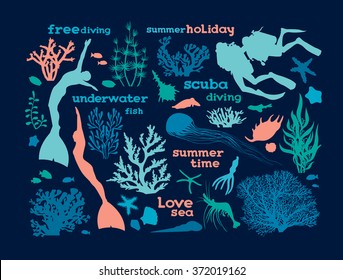 Set of underwater creatures, corals and silhouette of scuba and free divers. Vector illustration with ocean elements on a blue background. Love sea.