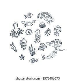 Set of underwater doodle elements: mermaid, seashells, starfishes, fishes, jellyfishes, octopus, seahorse, seaweed, crab, waves. Hand drawn sketch marine cartoon characters. Vector illustration.