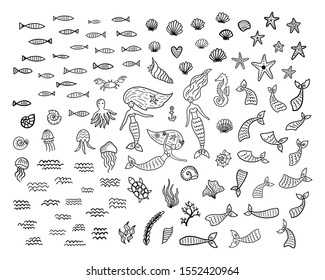 Set of underwater doodle elements: mermaids, seashells, starfishes, fishes, tails, jellyfishes, turtle, octopus, seahorse, seaweed. Hand drawn sketch marine cartoon characters. Vector illustration.