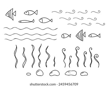 Conjunto de Elementos submarinos. Diferentes peces, algas y piedras, algas laminarias y olas de mar aisladas en el fondo. Vector dibujado a mano ilustración en estilo Doodle. Diseño submarino marino