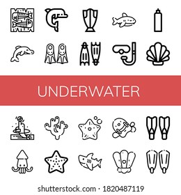 Set Of Underwater Icons. Such As Mackerel, Dolphin, Fins, Cod, Flippers, Shark, Diving Glasses, Oxygen Tank, Shell, Squid, Coral, Starfish, Pool Kickboard , Underwater Icons