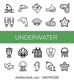 Set of underwater icons such as Shark, Fins, Dolphin, Coral, Shell, Whale, Submarine, Snorkel, Starfish, Cod, Jellyfish, Oxygen tank, 