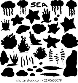 Set of Underwater Inhabitant Silhouette. Underwater Life vector by hand drawing. Sea Inhabitant Silhouette Collection.