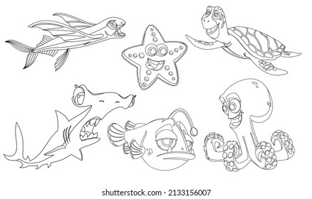 A set of underwater inhabitants in a linear style for printing and coloring. Vector illustration.