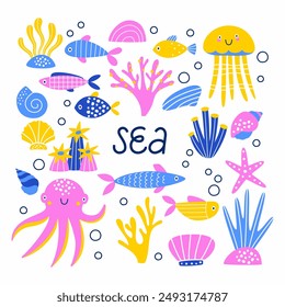 Set of underwater life, animals and plants. Vector illustration