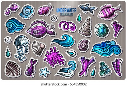 Set of underwater life cartoon stickers. Vector doodle objects and symbols collection. Label design elements. Cute patches, pins, badges series. Comic style.