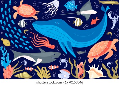 Set of underwater life elements, tropical animals, corals and fishes.
Undersea fauna of tropics, sea world dwellers, coral reef inhabitants in their natural habitat. Flat Art Vector Illustration