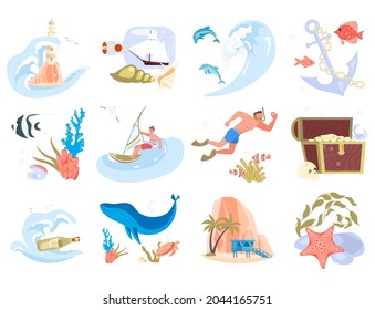 Set of underwater life elements, tropical animals, corals and fishes and divers. Undersea fauna of tropics, seaworld dwellers, coral reef inhabitants clip art. Flat Art Vector Illustration