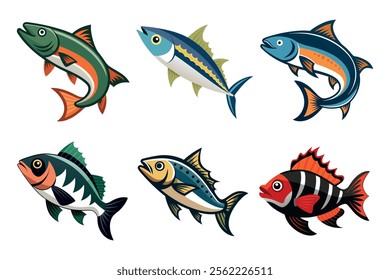 Set of Underwater Life Ocean Fish Vector Illustration